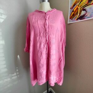 Silhouette Lagenlook Linen Blend Oversized Boxy Top Pink Boho Tunic Cottage 4X